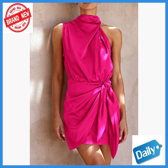 Satin Mini Dress Sleeveless Mock Neck Tie Waist Formal Cocktail Party - Picture 2 of 7